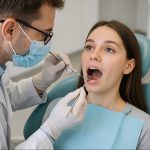 Dentist examining a female patient's teeth