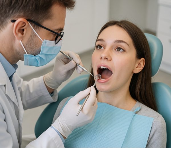 Dentist examining a female patient's teeth